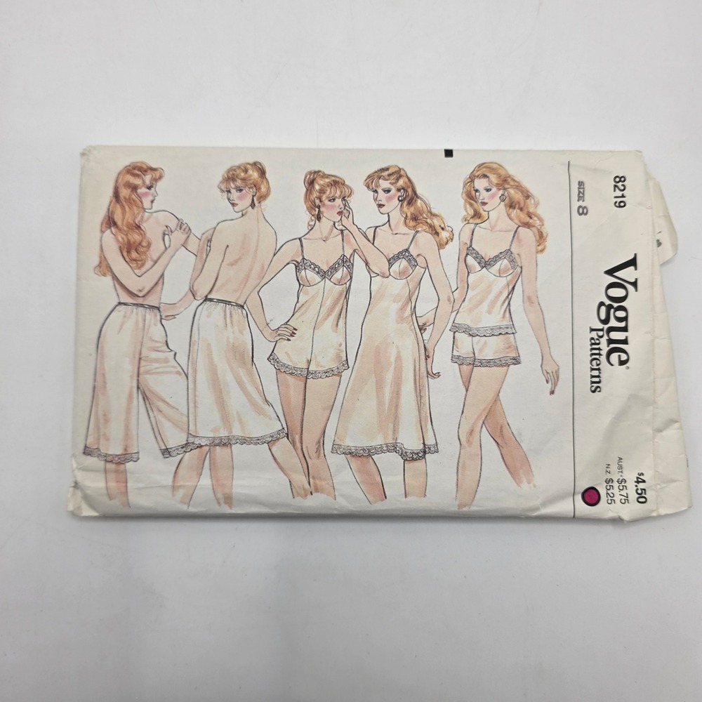 Vogue 8219 Lingerie Sewing Pattern Camisole Teddy Slip Panties Size 8 Vintage